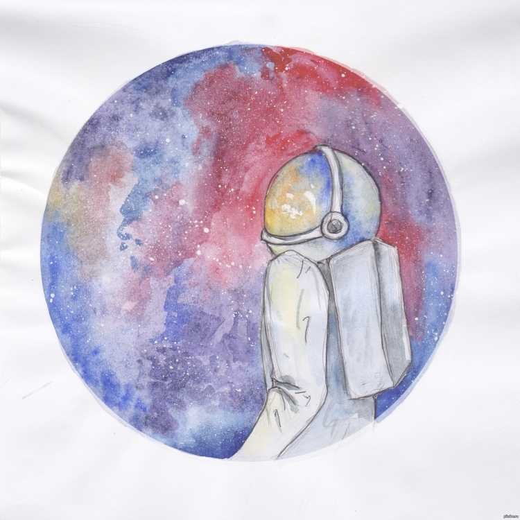 Космонавт в космосе акварелью