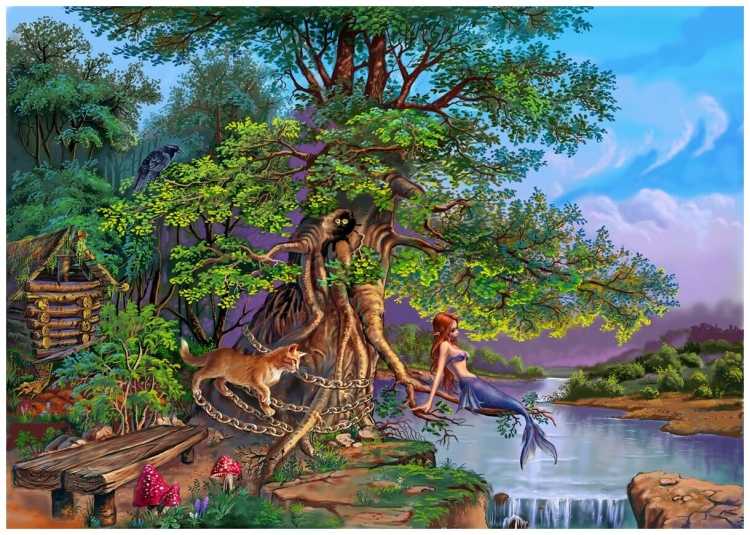 Раскраска Пушкина у Лукоморья дуб зеленый