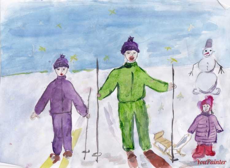 Дети лепят снеговика детский рисунок