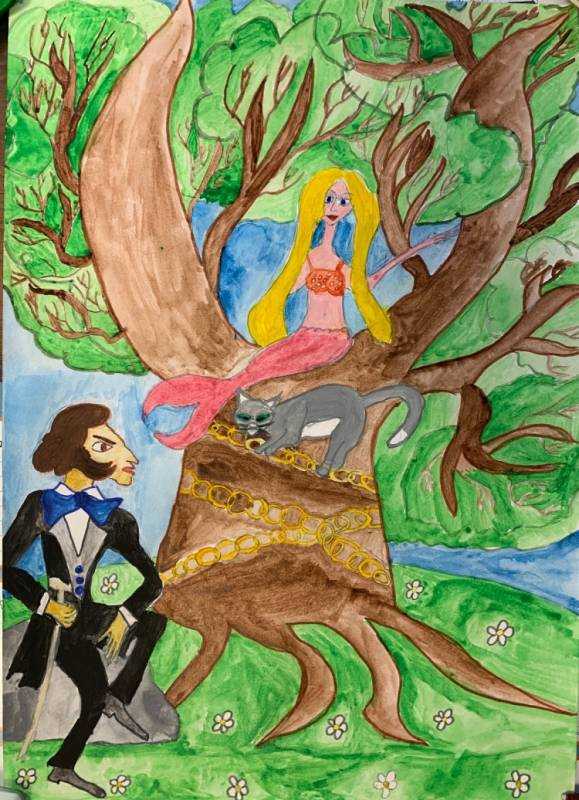 Рисунок к сказке Пушкина у Лукоморья дуб зеленый для срисовки