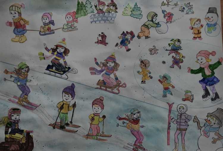 Зимние забавы рисунки детей гуашь и акварель