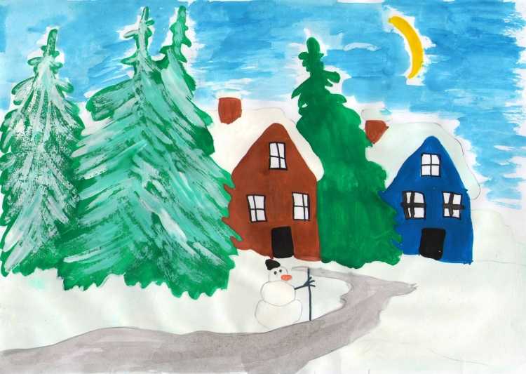 Зимний пейзаж детский рисунок цветными карандашами