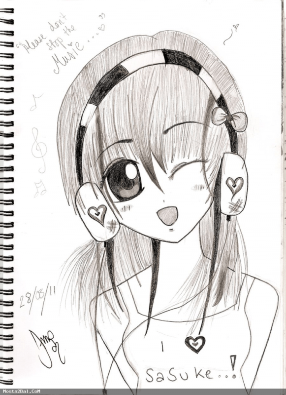 Аниме девушка в наушниках карандашом