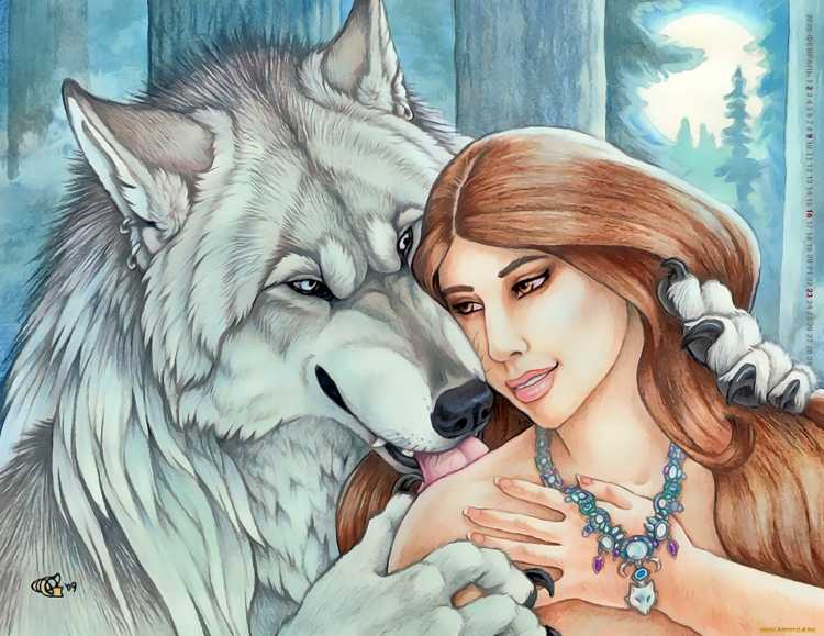 Волк обнимает девушку