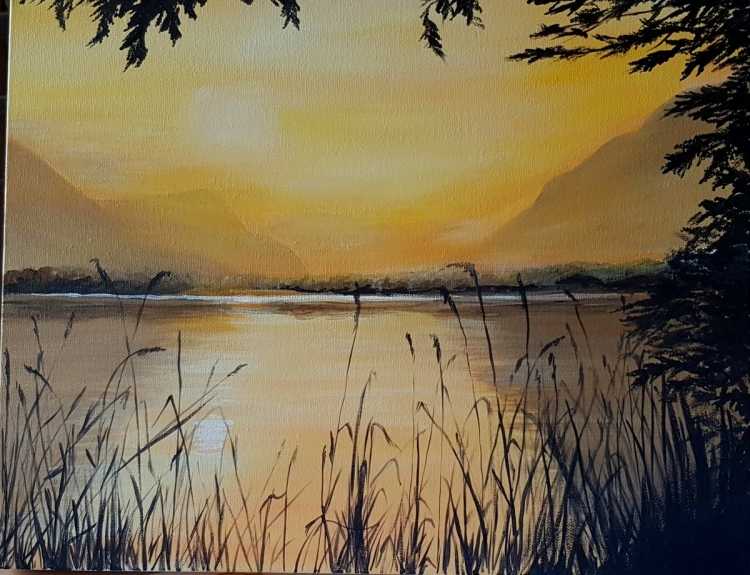 Монохромный пейзаж гуашью