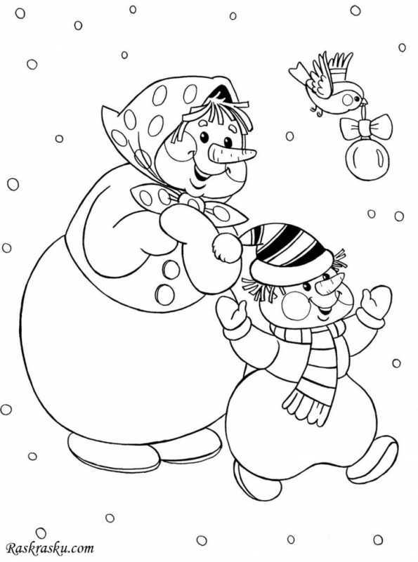 Раскраска дети лепят снеговика