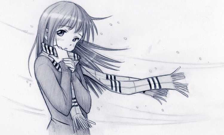 Девушка в шарфе рисунок карандашом