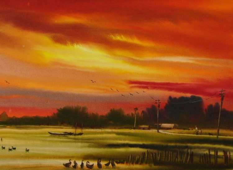 Пейзаж акварелью закат