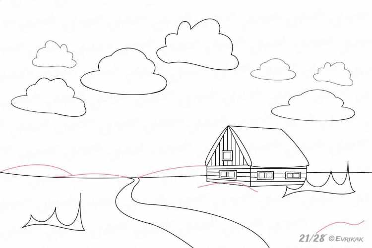 Пейзаж рисунок для детей карандашом