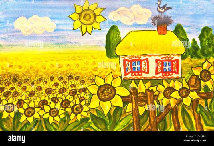 Деревенский пейзаж с подсолнухами