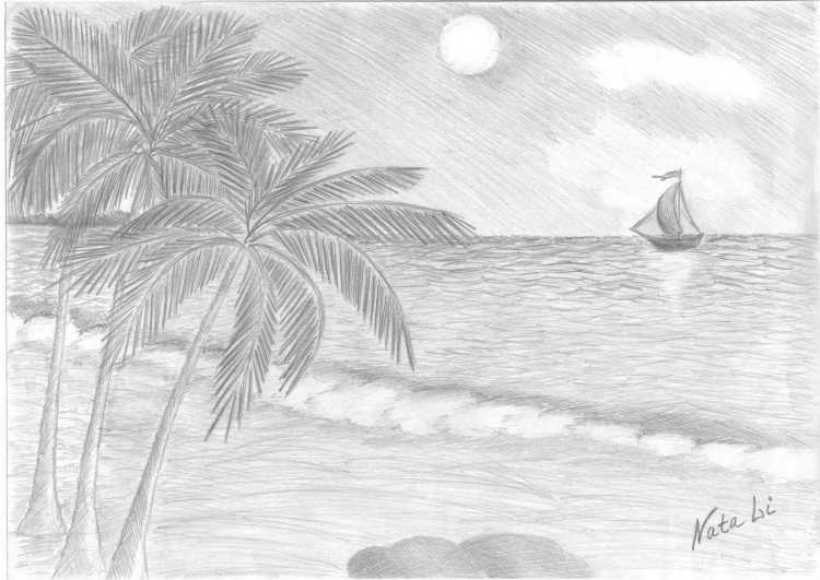 Морской пейзаж карандашом