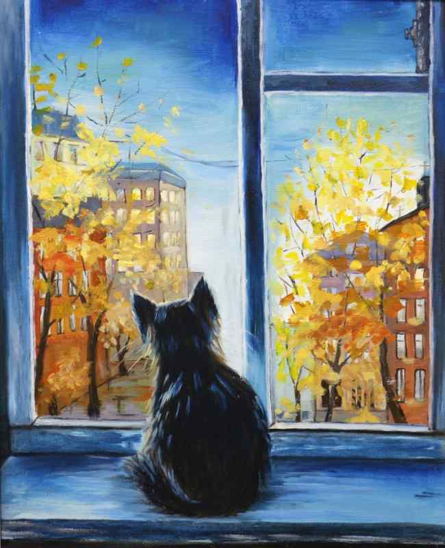 Кот на окне рисунок