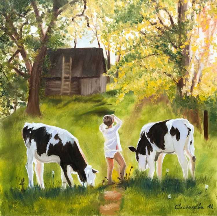 Деревенский пейзаж с коровами