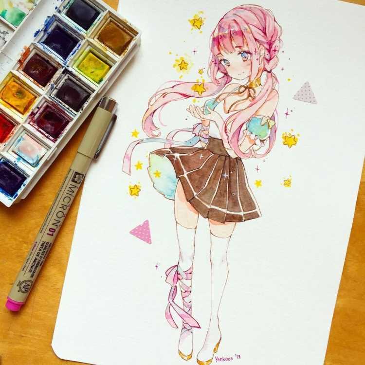 Аниме цветными карандашами