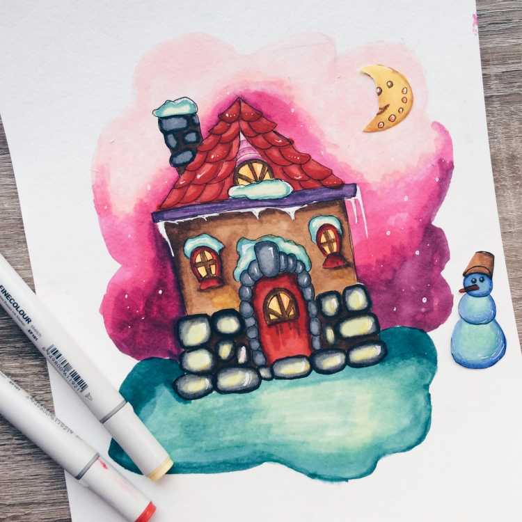 Домик цветными карандашами