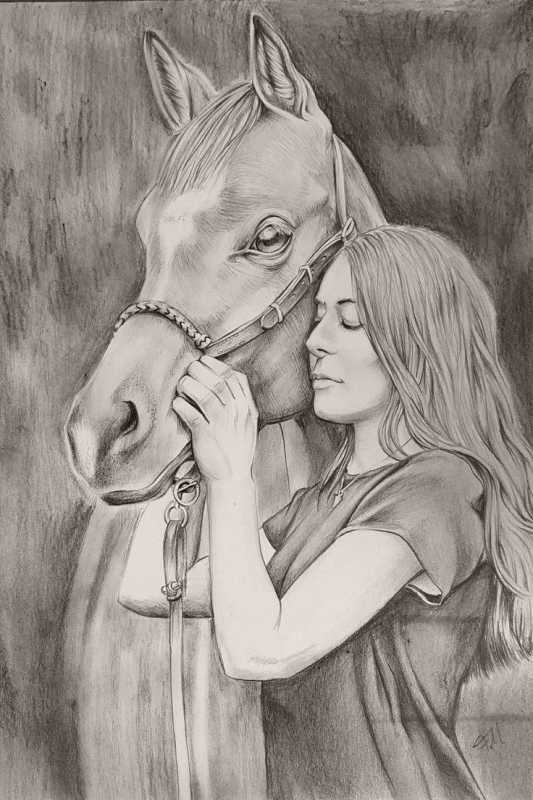 Девушка на лошади карандашом