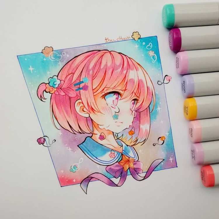Аниме акварельными карандашами
