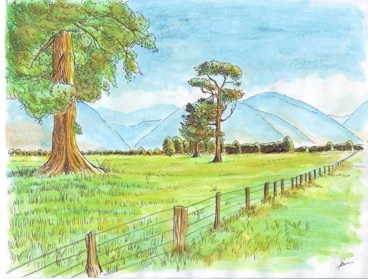 Пейзаж цветными карандашами