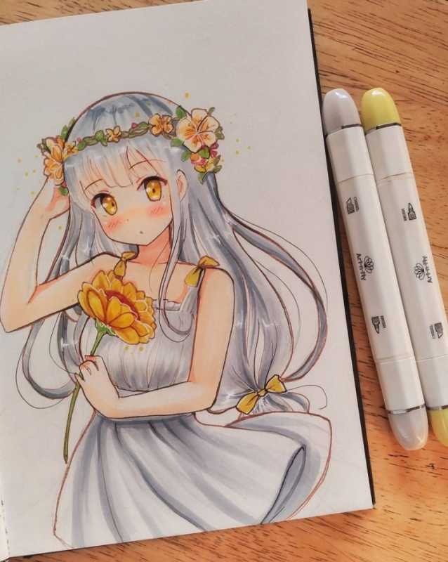 Аниме акварельными карандашами