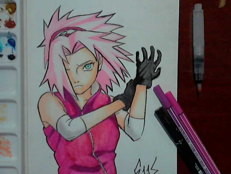 Сакура цветными карандашами аниме Наруто