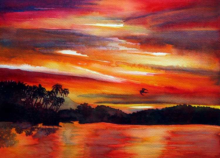 Пейзаж с закатом солнца акварель