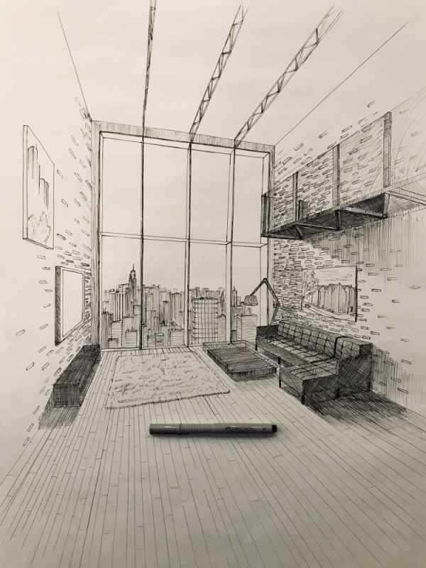 Скетч интерьера фронтальная перспектива