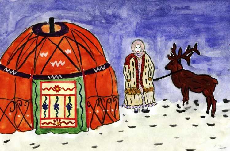 Монгольские Юрты у реки трафарет