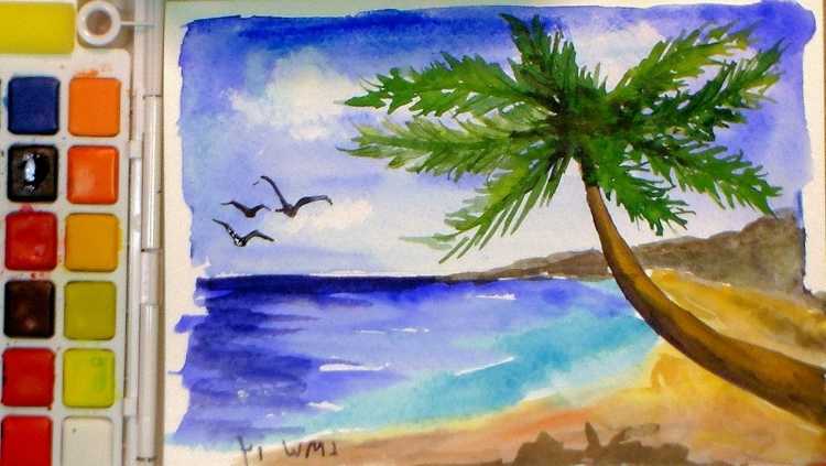 Морской пейзаж гуашью для детей