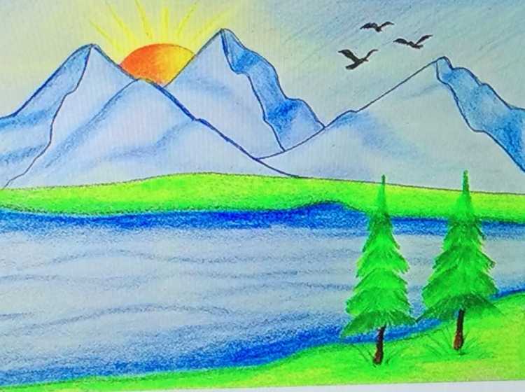 Детские рисунки озеро и горы