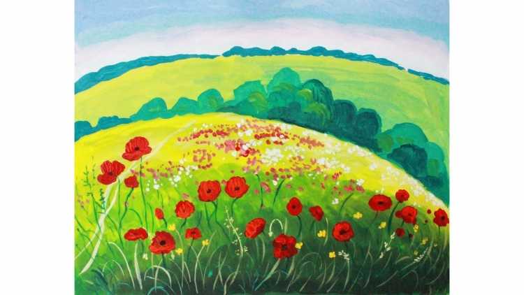 Летний пейзаж красками для детей