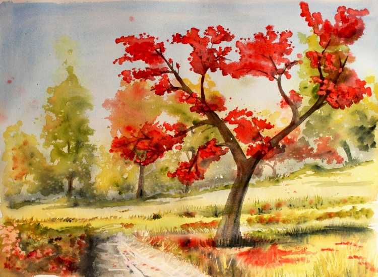 Осенний пейзаж гуашью