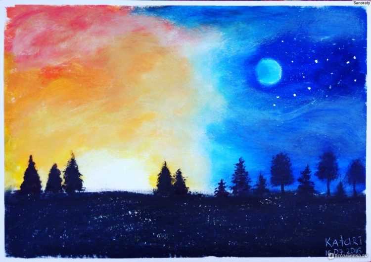 Ночной пейзаж акварелью для начинающих