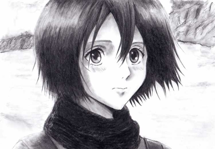 Микаса Аккерман чёрно белая