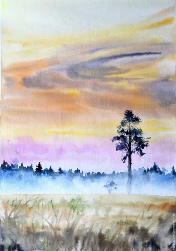 Пейзаж акварелью рассвет