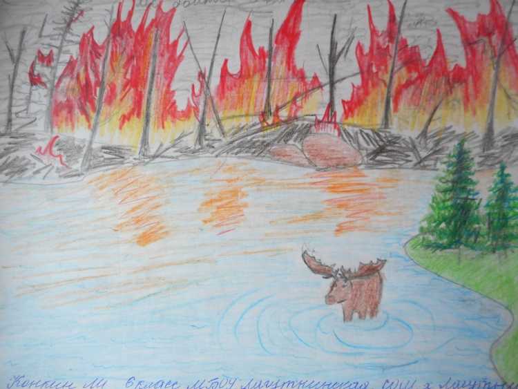Рисование пожар в лесу