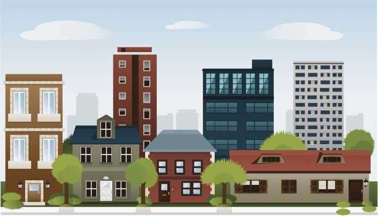 Мультяшный многоэтажный дом в городе