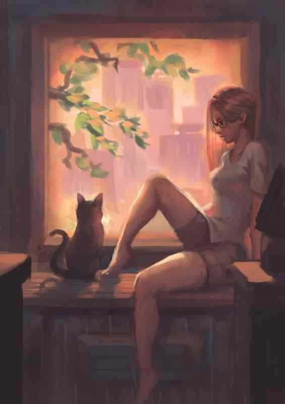 Девушка с кошкой на подоконнике