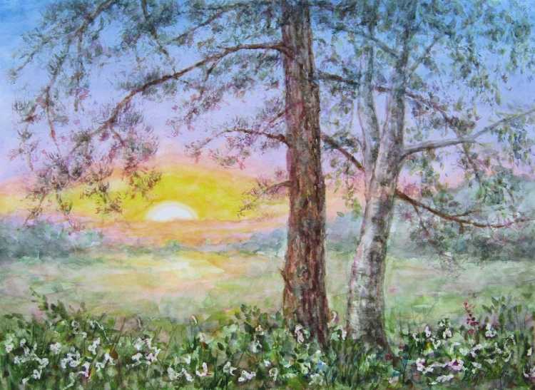 Пейзаж акварелью рассвет