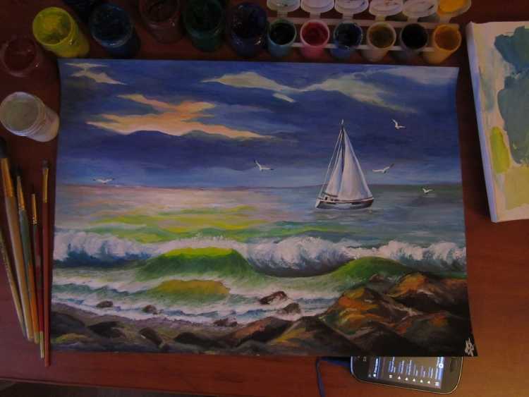 Пейзаж моря гуашью