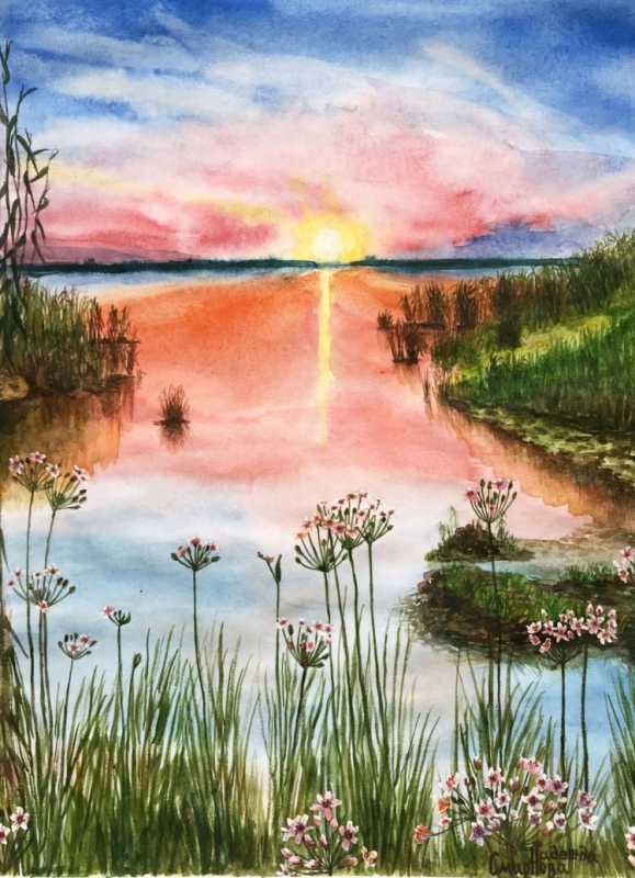 Летний пейзаж акварелью