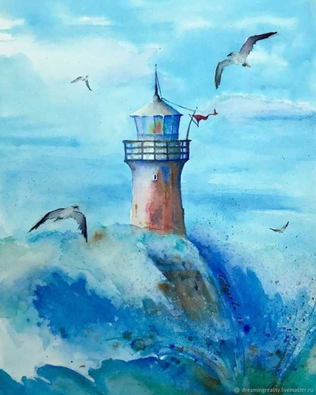 Акварель море Маяк
