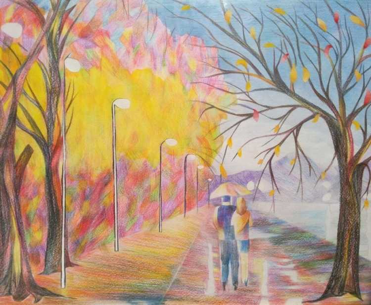 Пейзаж осени цветными карандашами