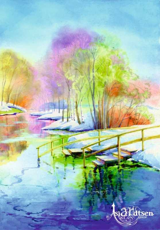 Весенний пейзаж акварелью для детей