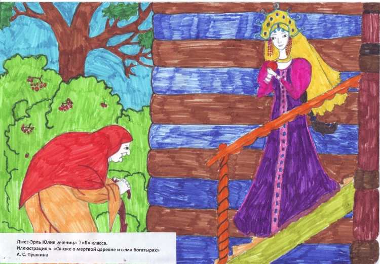 Рисунок к сказке о мёртвой царевне и семи богатырях 1 класс