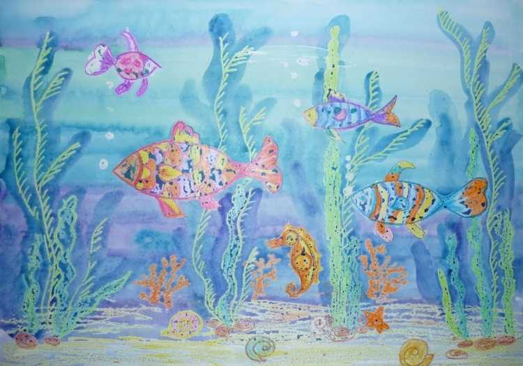 «Подводное царство» (граттаж + восковые мелки)