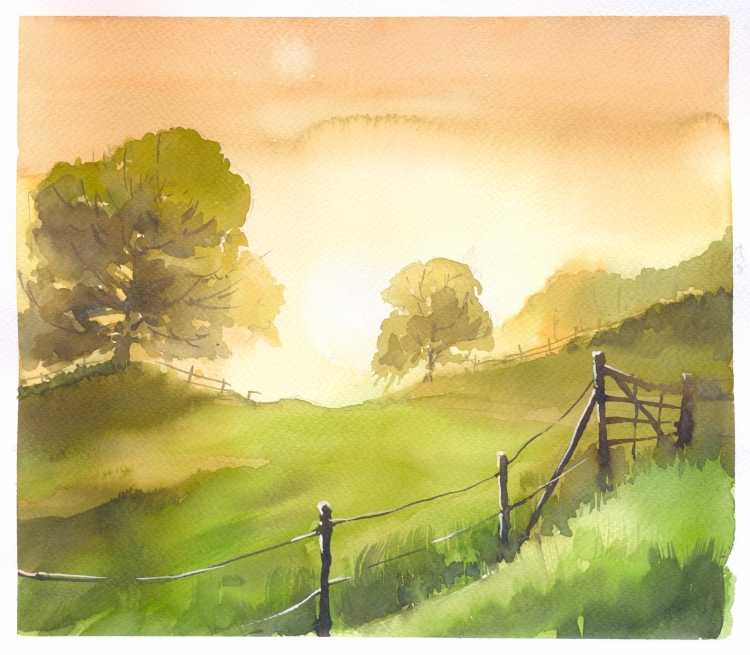 Утренний пейзаж акварелью