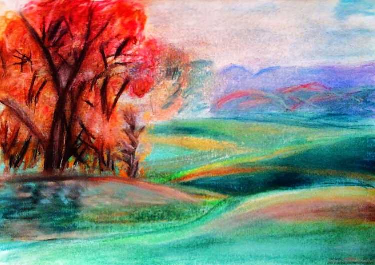 Пейзаж цветными карандашами