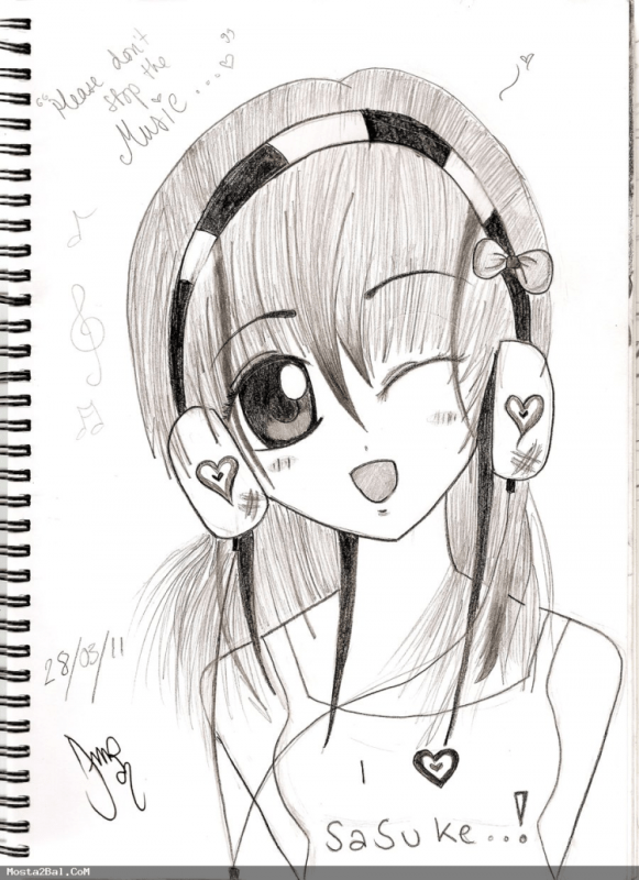 Аниме девушка в наушниках карандашом