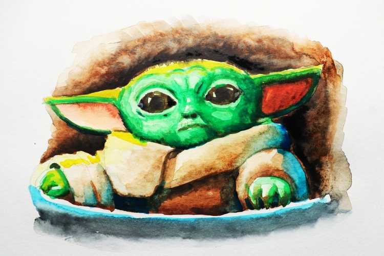 Малыш йода акварелью