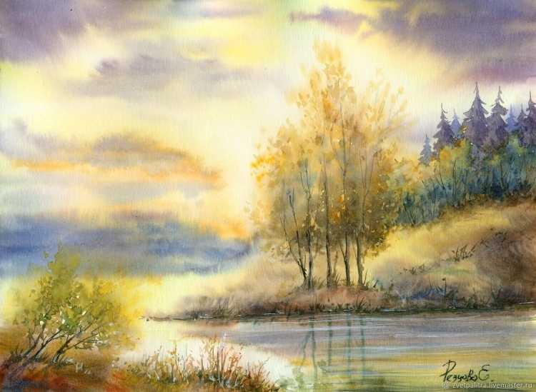 Пейзаж акварелью утро